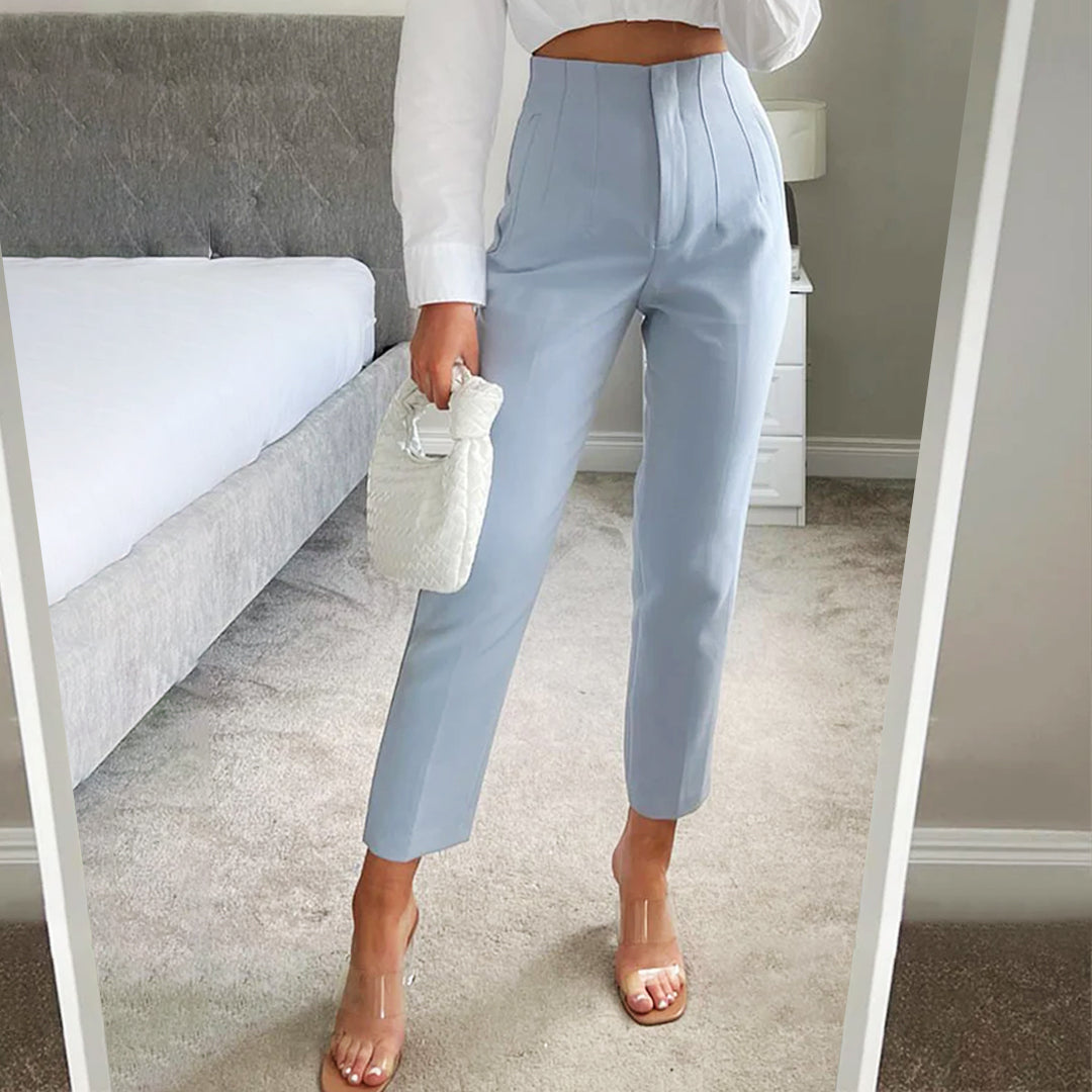 シームディテールとジッパーフライのハイウエストパンツ