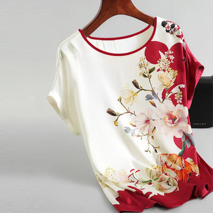 Fashion Floral Print Plus Size Satin Blouse