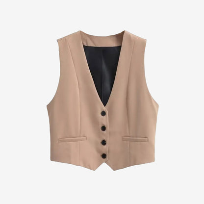 Front Buttons Cropped Waistcoat Vintage V Neck