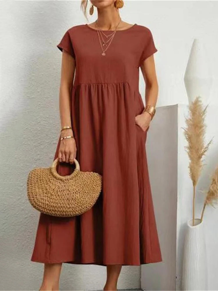 Elegant Maxi Dress Vintage Cotton Linen Sundress with Pocket