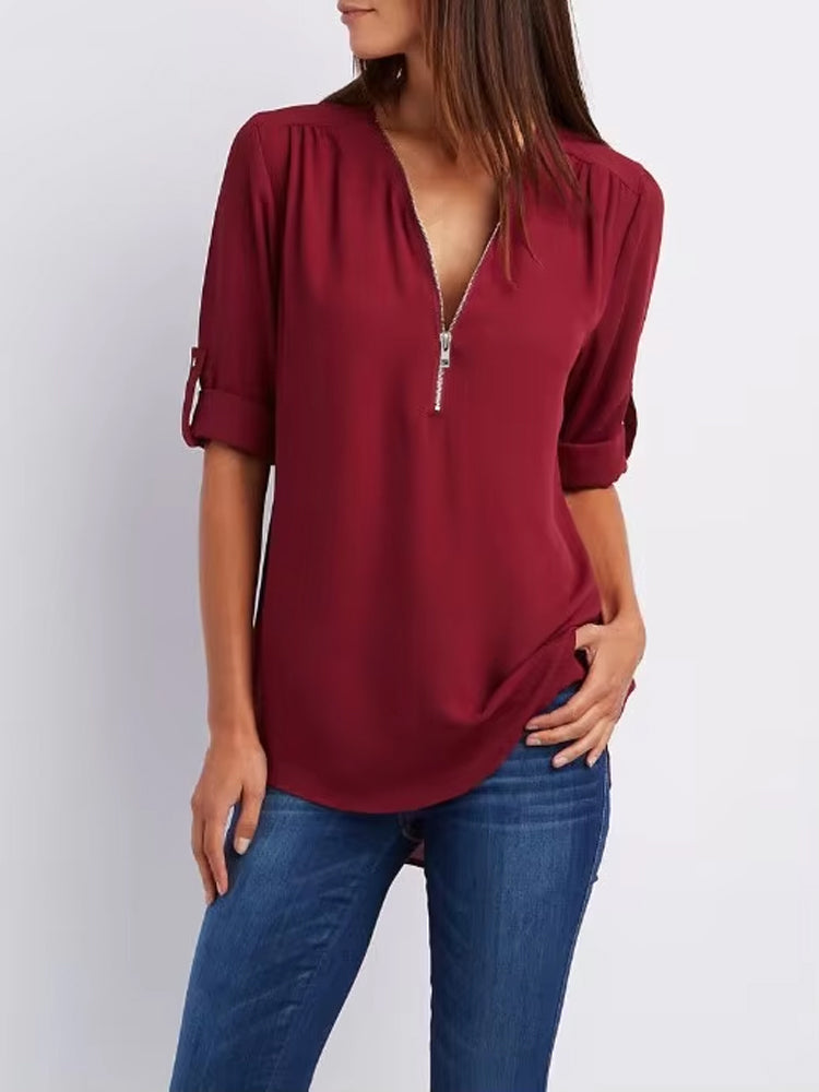 Summer Women’s V-Neck Chiffon Blouse with Zipper