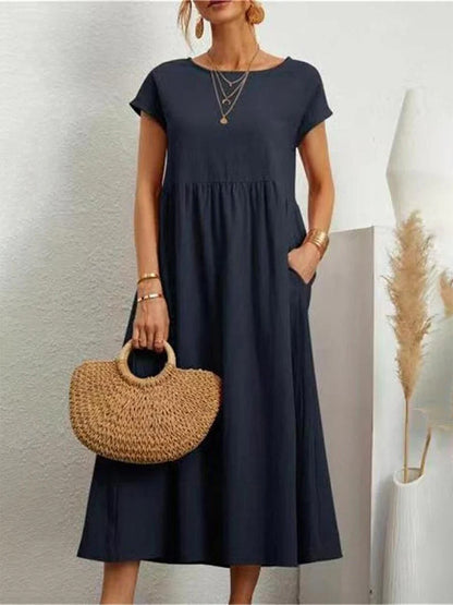 Elegant Maxi Dress Vintage Cotton Linen Sundress with Pocket