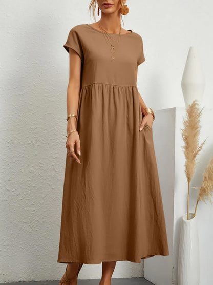 Elegant Maxi Dress Vintage Cotton Linen Sundress with Pocket