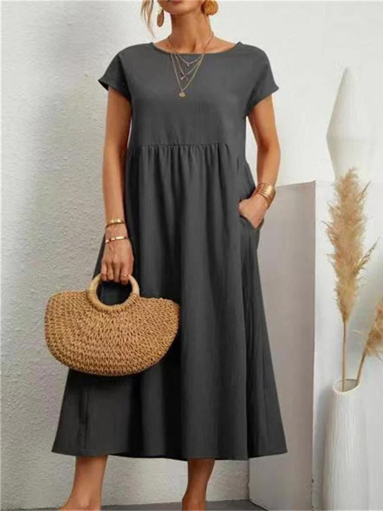 Elegant Maxi Dress Vintage Cotton Linen Sundress with Pocket