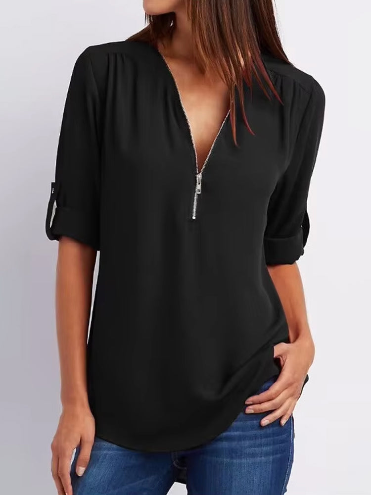 Summer Women’s V-Neck Chiffon Blouse with Zipper